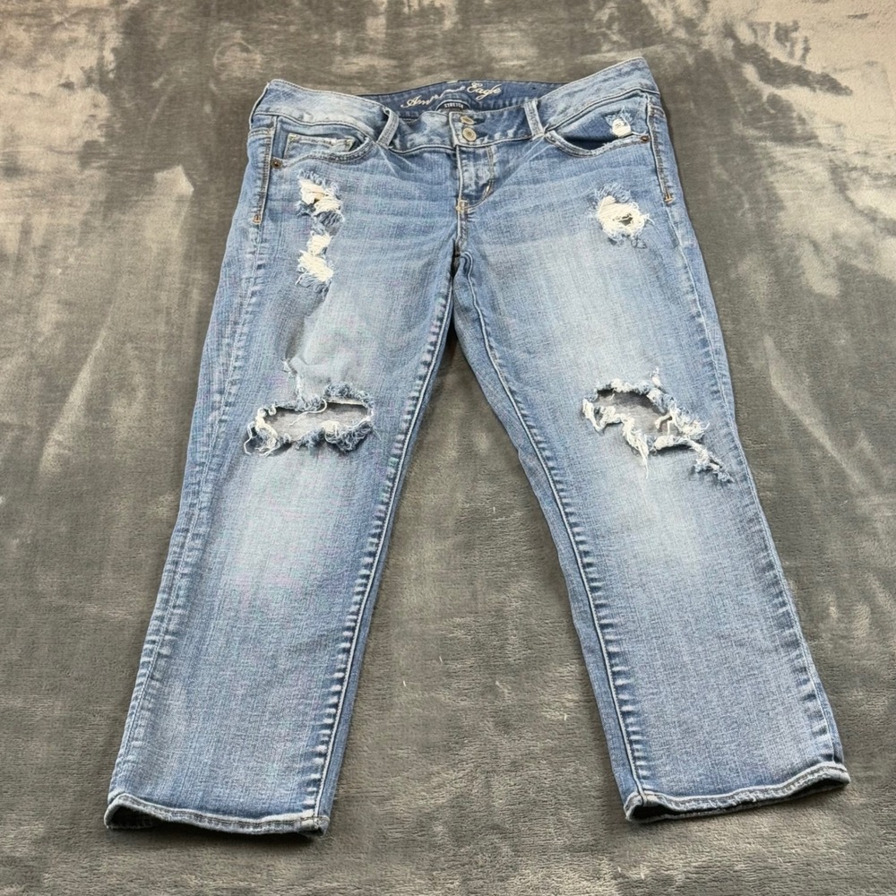 American Eagle Artist Distressed Light Wash Stretch Cropped Flare Jeans Size 12